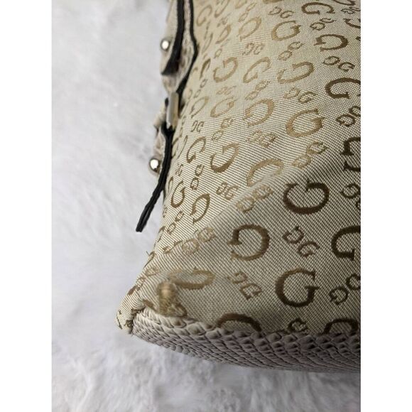 Guess vintage Y2K Beige Monogram Shoulder Purse Fabric Bag W Snake‎ Skin Inserts - Picture 5 of 14